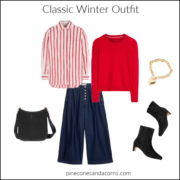 classic outfit with red sweater and jeans.