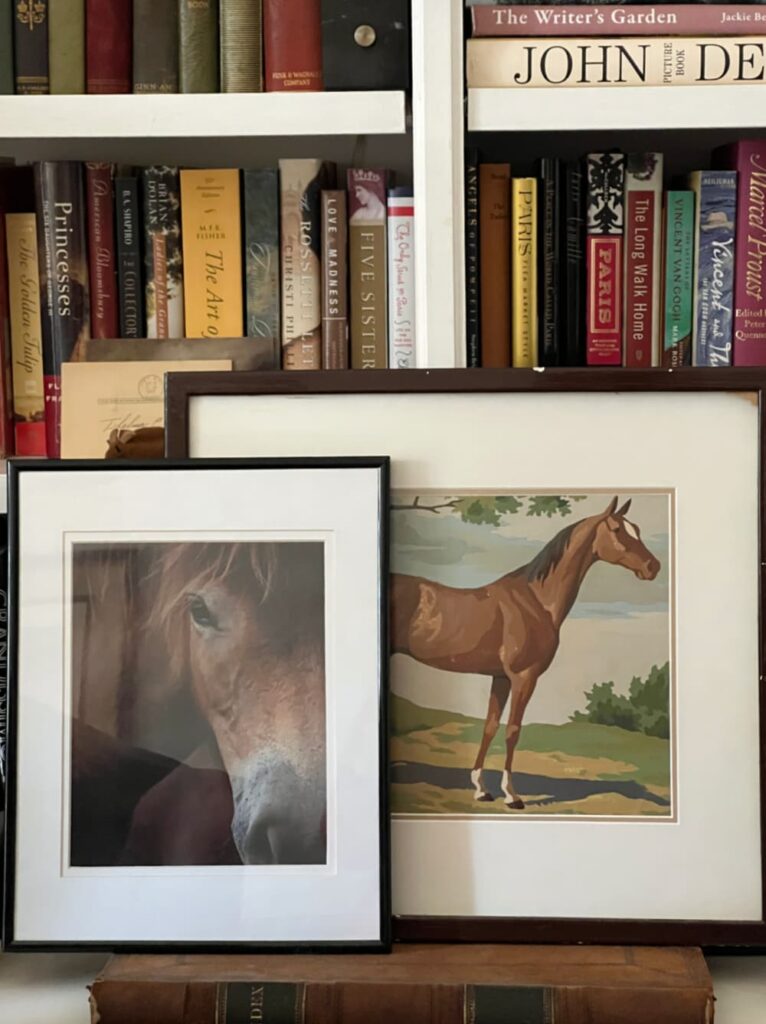 A photograph of a horse and a painting of a horse set in front of a bookcase filled with books. 