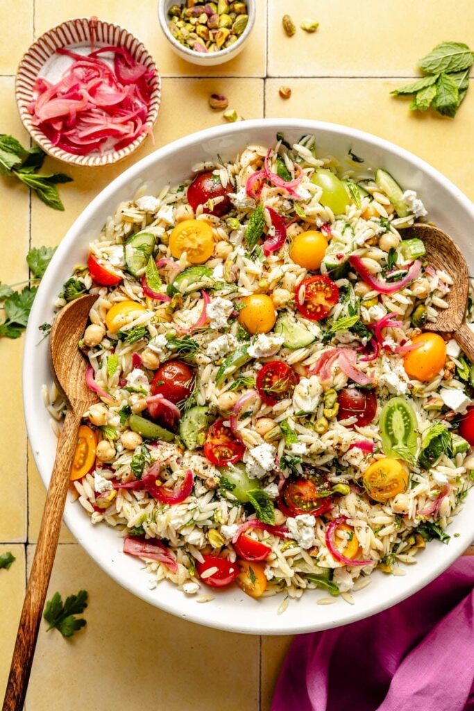 Friday Favorites Herby Chickpea Feta Pasta Salad.