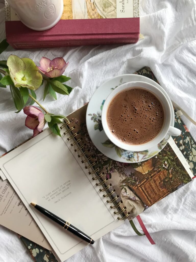 Homemade Drinking chocolate in a white cup with roses sitting on a book.