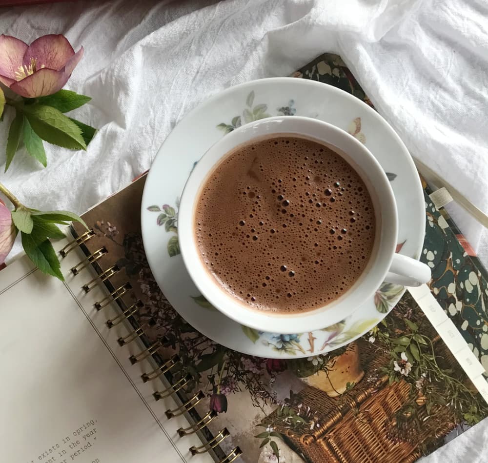 Homemade drinking chocolate in a flower cup sitting on a book.