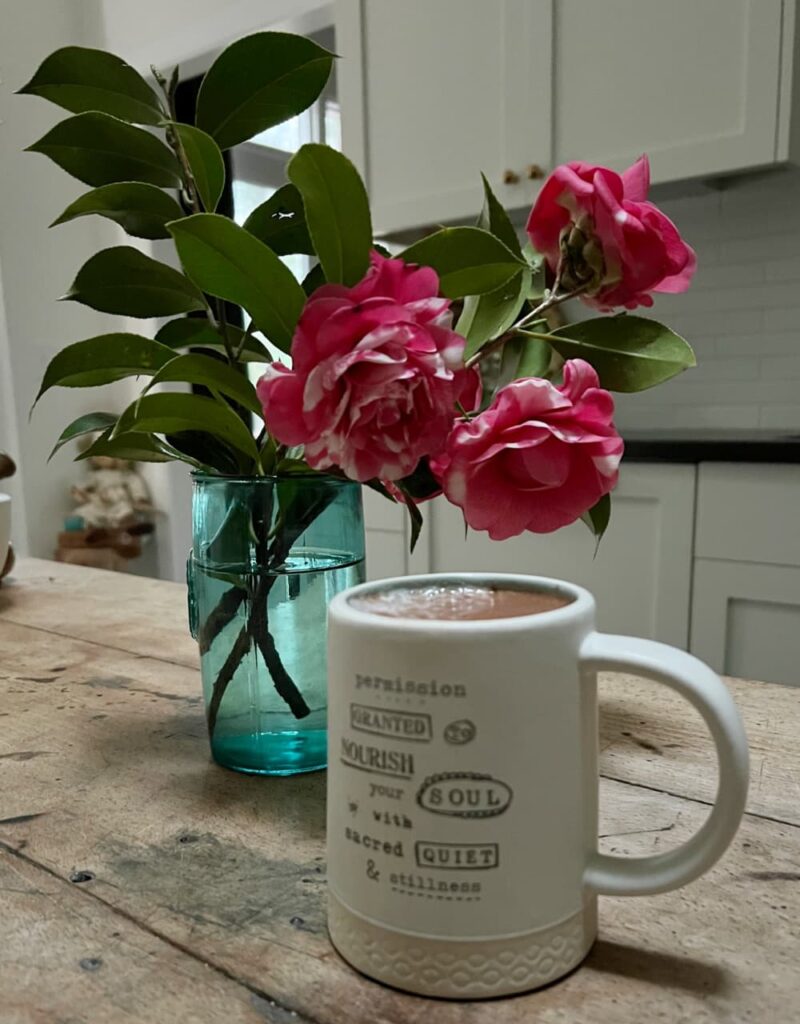 Weekend Meanderings — hot chocolate and a vase of pink camellia flowers on a cold Saturday morning.