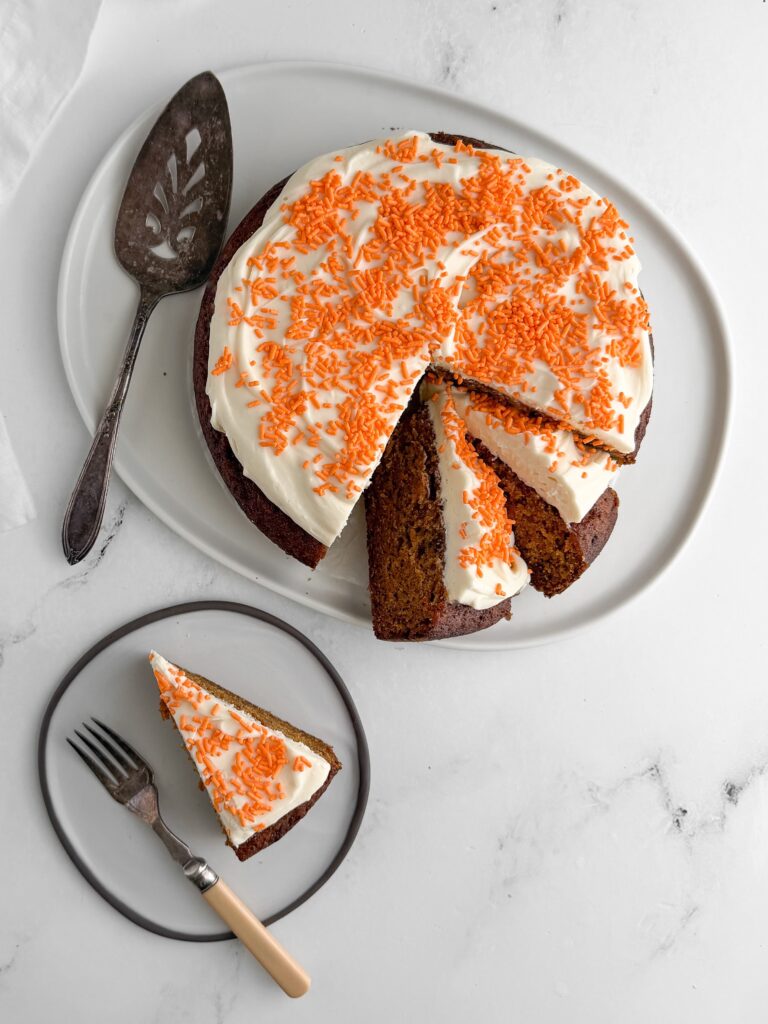 carrot-snacking-cake with orange sprinkles. 