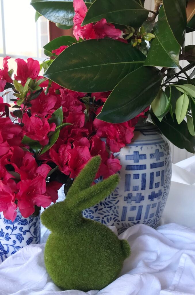friday favorites — spring azalea blooms in a blue and white container with a green bunny. 