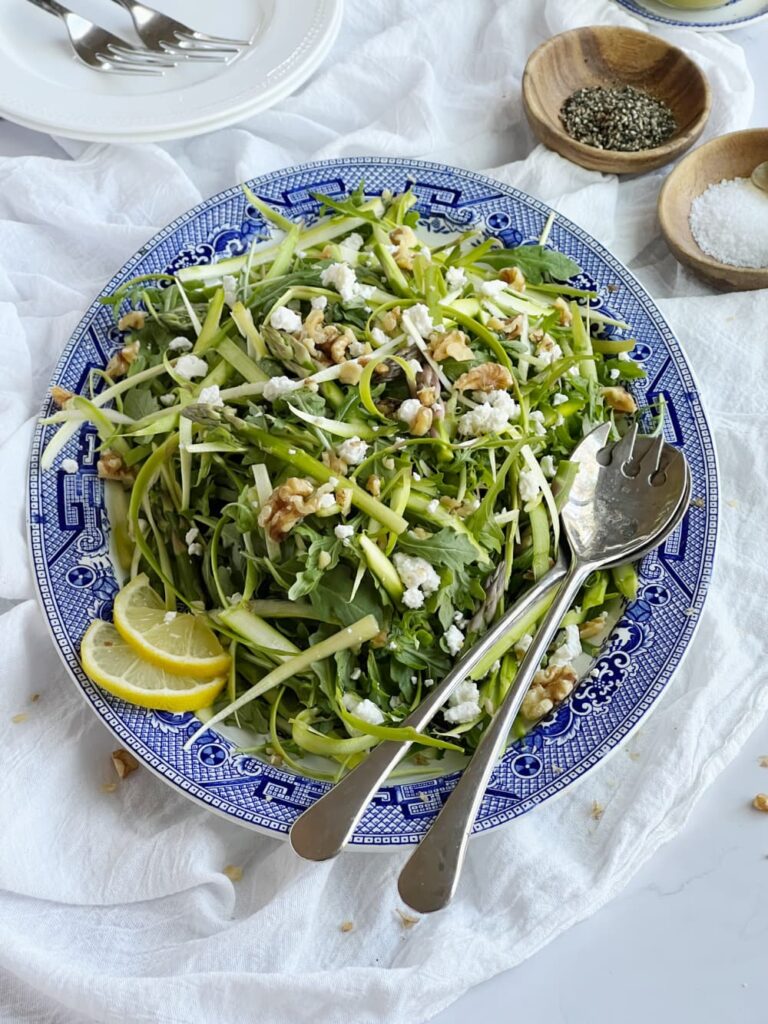 Shaved Asparagus Salad with Lemon Vinaigrette, Feta and Nuts.