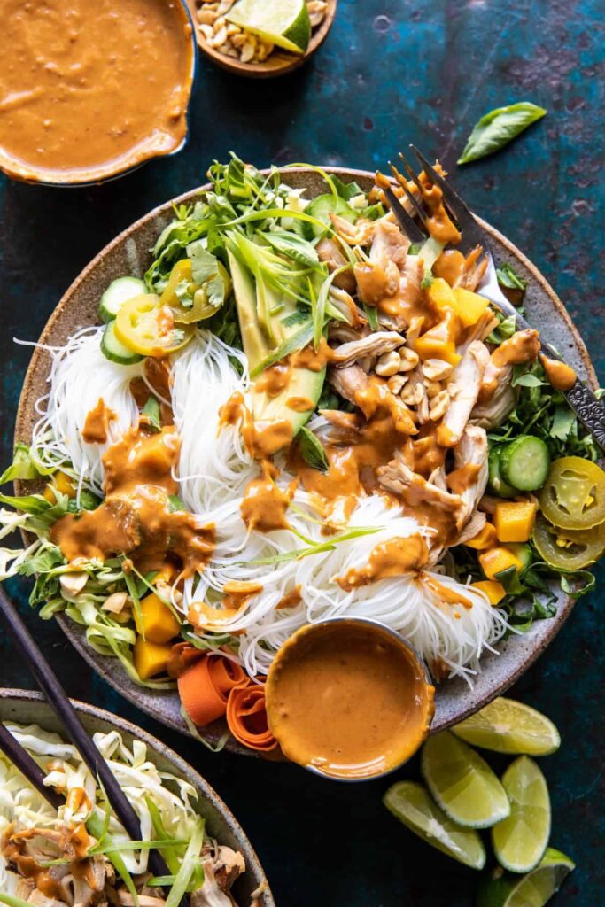 Peanut chicken spring roll bowls with spicy peanut dressing — Half Baked Harvest