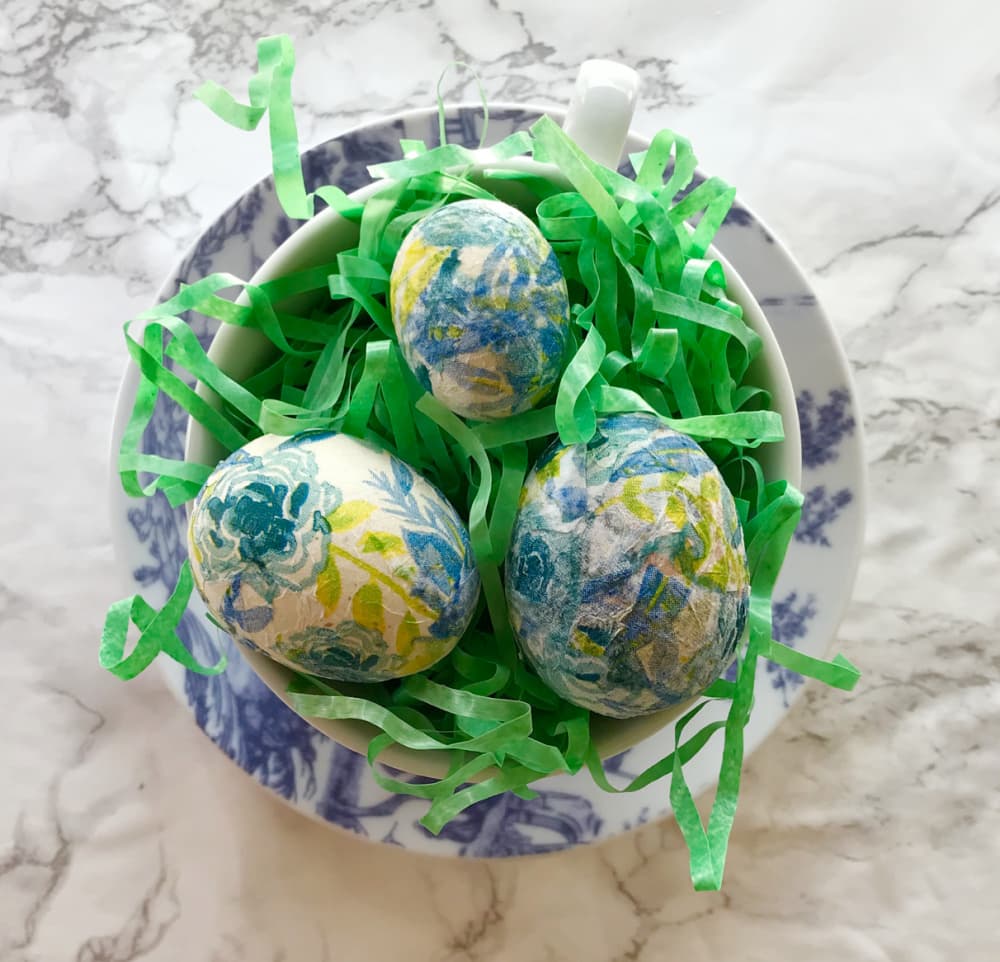weekend meanderings easter weekend — spring morning vignette with decoupage eggs and French toile cup