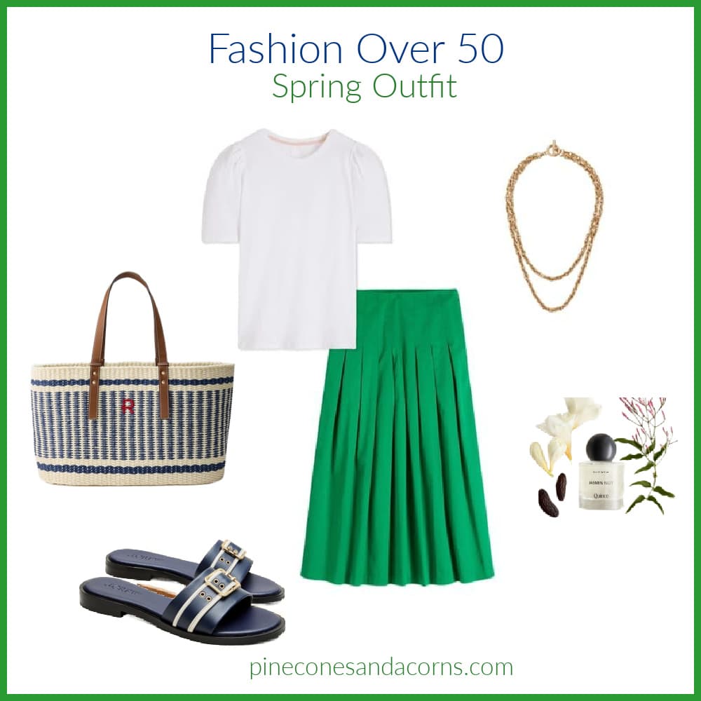 Fashion over 50 Spring Green Skirt outfit. 