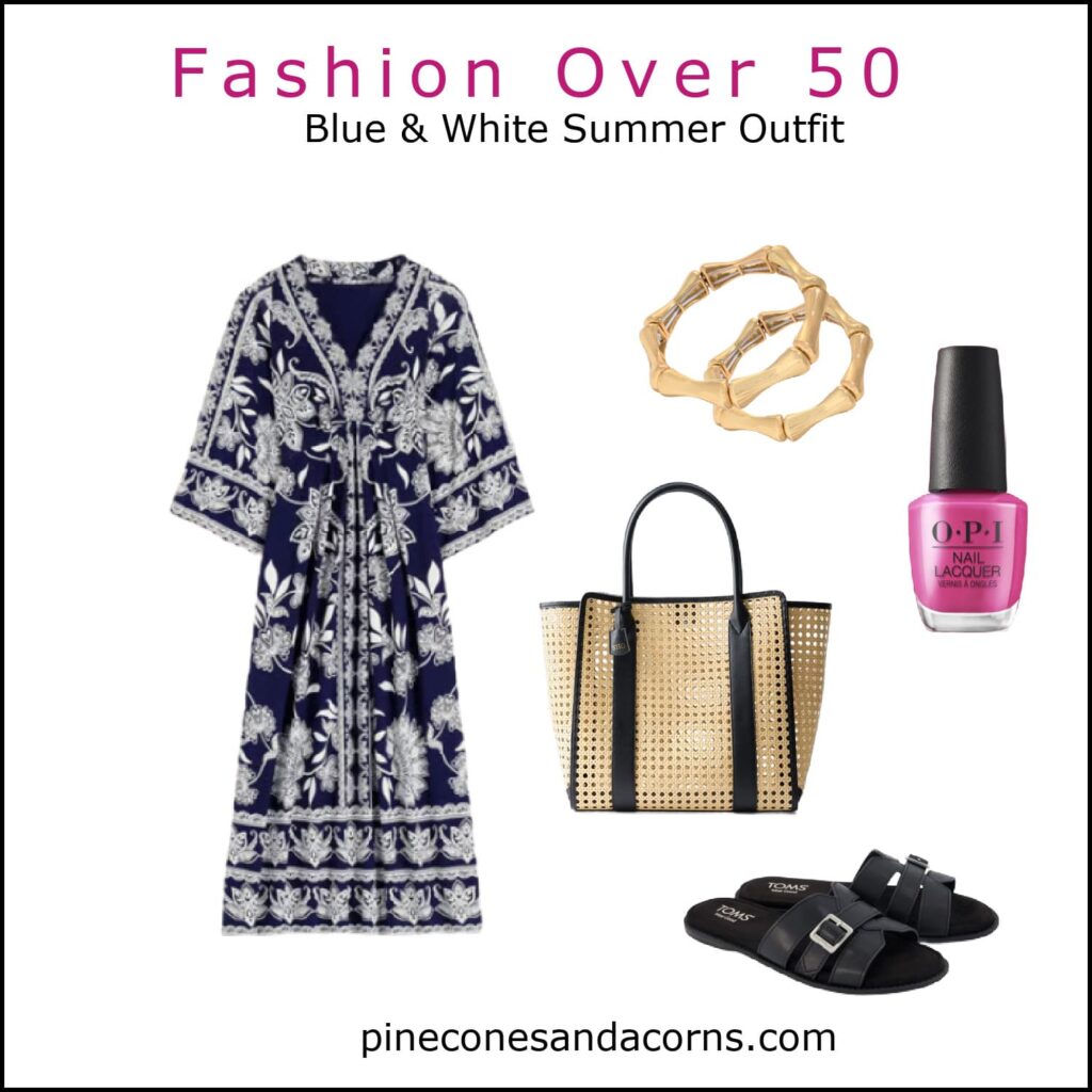 Fashion over 50 blue and white summer outfit with a kimono dress, black slides, black wicker tote, gold bracelets, and fuchsia nail polish. 