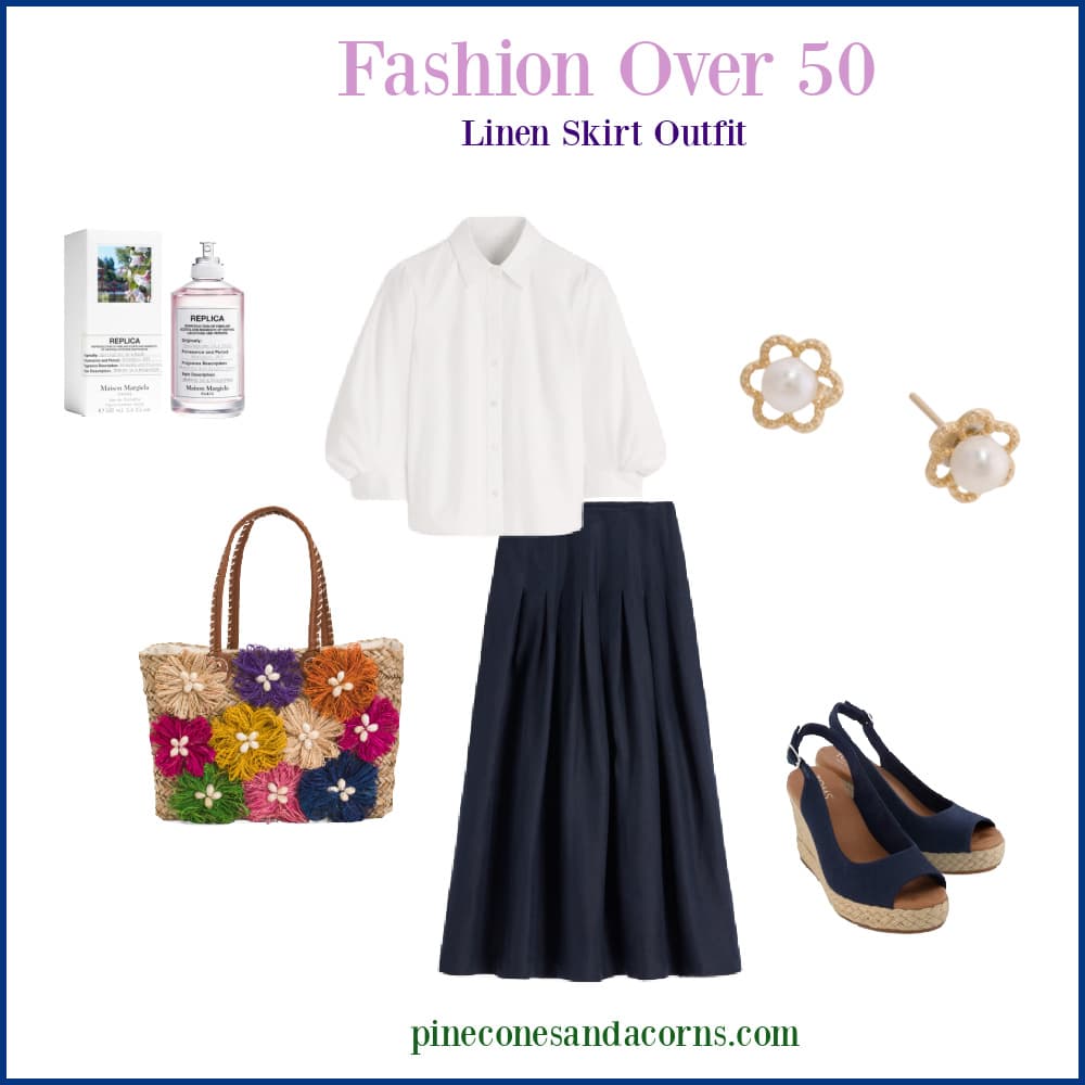 Fashion over 50 linen skirt outfit.