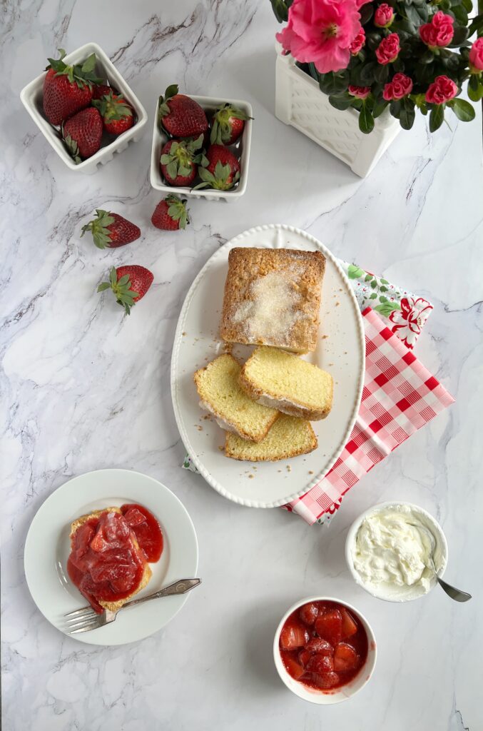 browned butter pound cake and strawberry compote