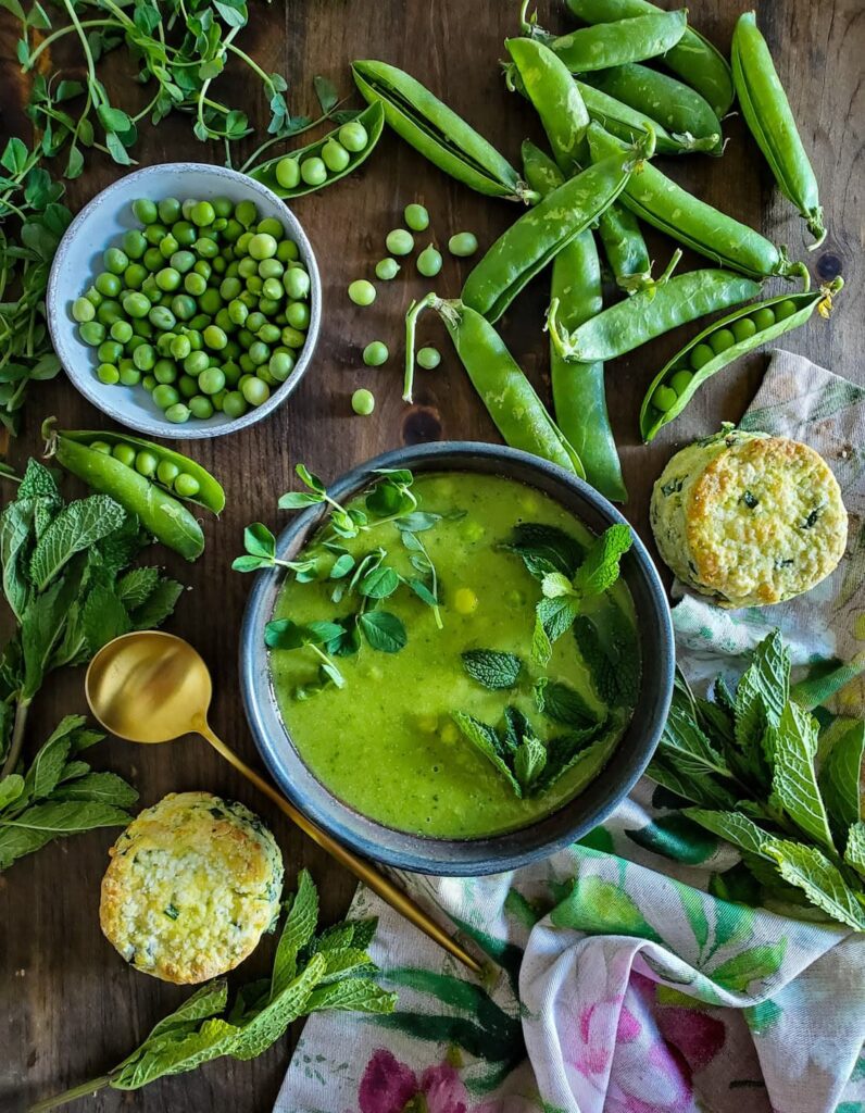 spring pea soup in grey bowl Easter side dish