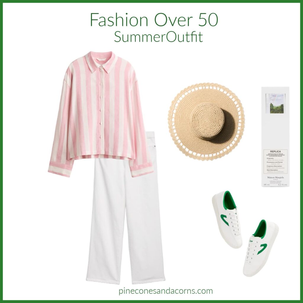 Monday Musings Fashion Over 50 Summer Outfit with pink and white strip linen shirt