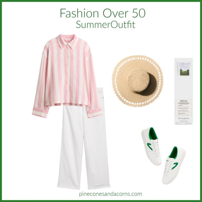 Monday Musings Fashion Over 50 Summer Outfit with pink and white strip linen shirt