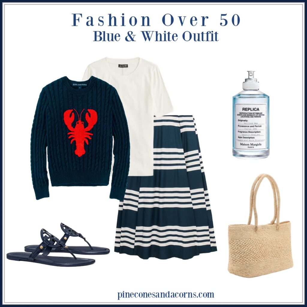 Friday Favorites Fashion over 50 Blue and White skirt and lobster sweater