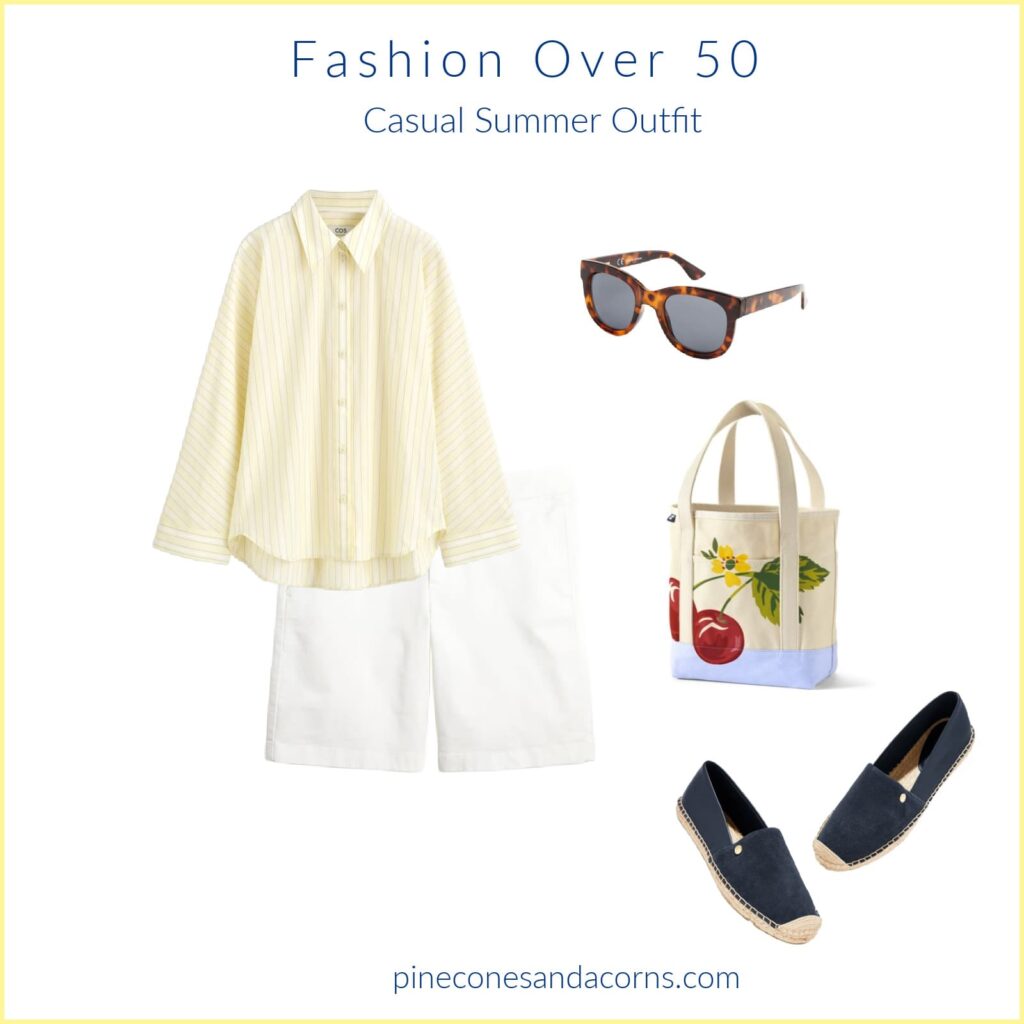 Fashion over 50 Casual Summer Outfit with white shorts yellow shirt