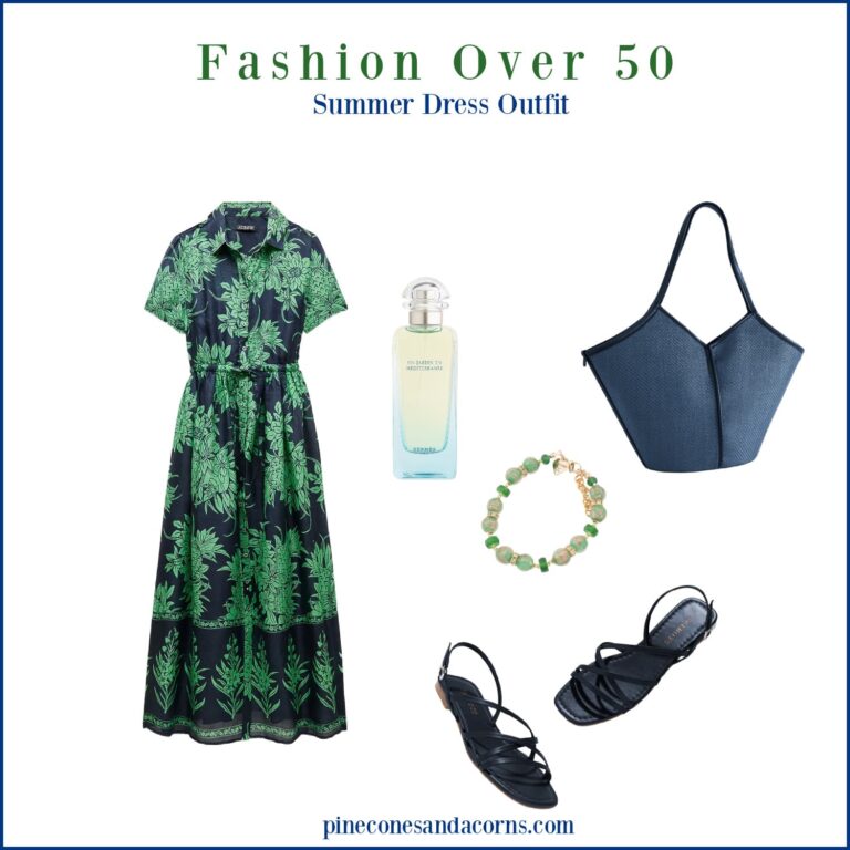 Monday Musings Fashion over 50 Summer Dress Outfit with a green and blue dress, navy sandals and bag, a green Murano glass beed bracelet and perfume.