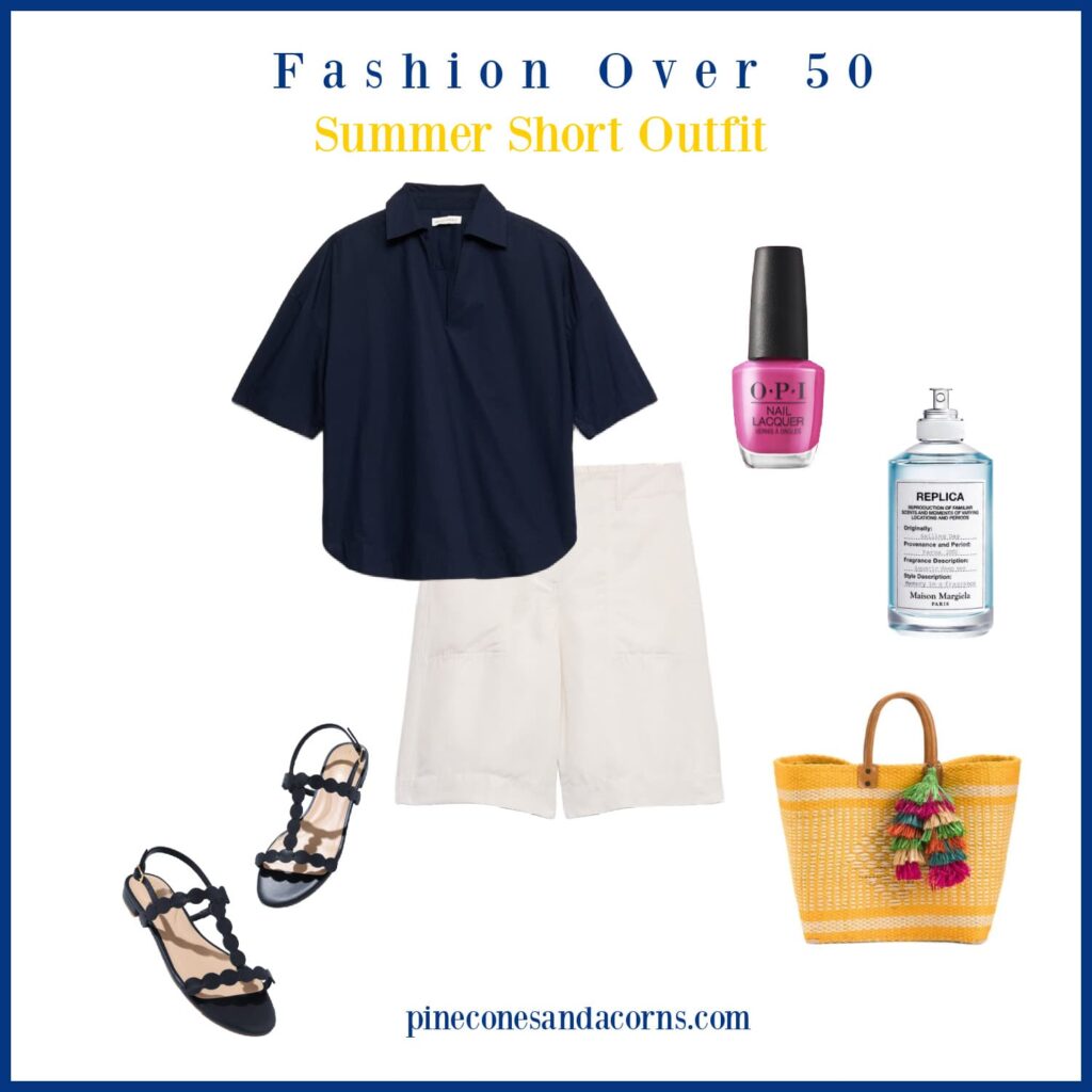 Fashion over 50 Summer short outfit with white shorts and a blue shirt and yellow tote