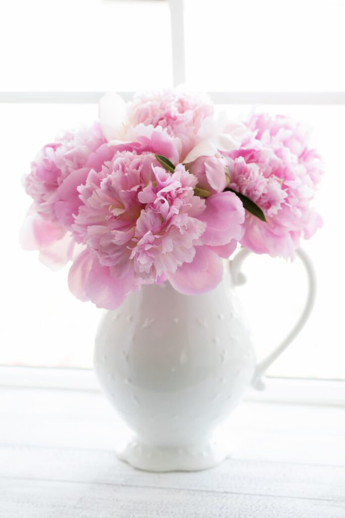 Spring self care ideas — fresh flowers in a vintage pitcher on a spring morning