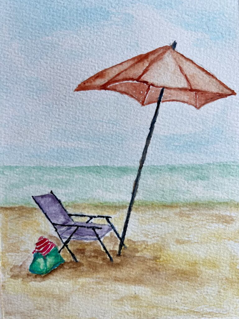 Taking back Sunday Watercolor painting of a beach chair and umbrella