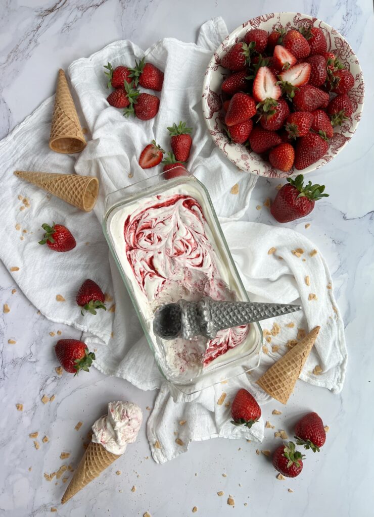 scoops of strawberry no-churn swirl ice cream