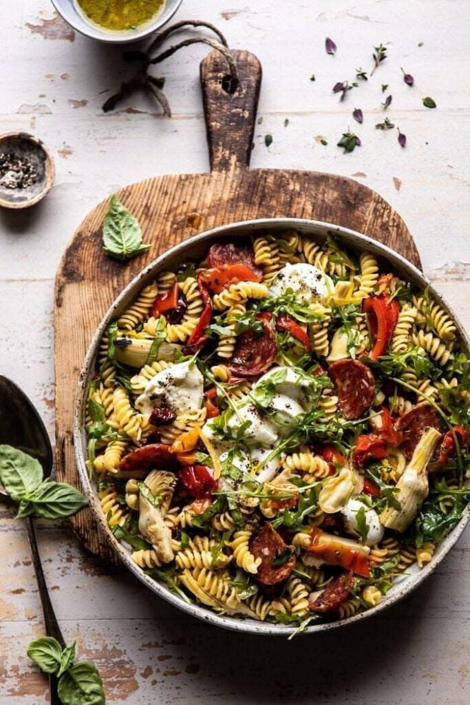 Friday Favorites Antipasto Pasta Salad with Herby Parmesan Vinaigrette
