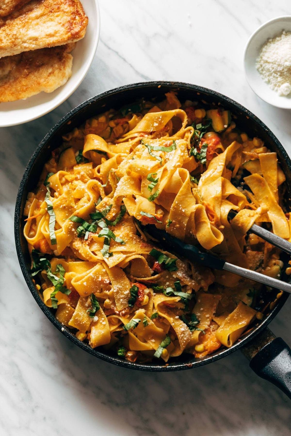 Friday Favorites, summer recipes and beach reads, Burst Tomato Pappardelle with Zucchini, Sweet Corn, and Pan-Fried Chicken