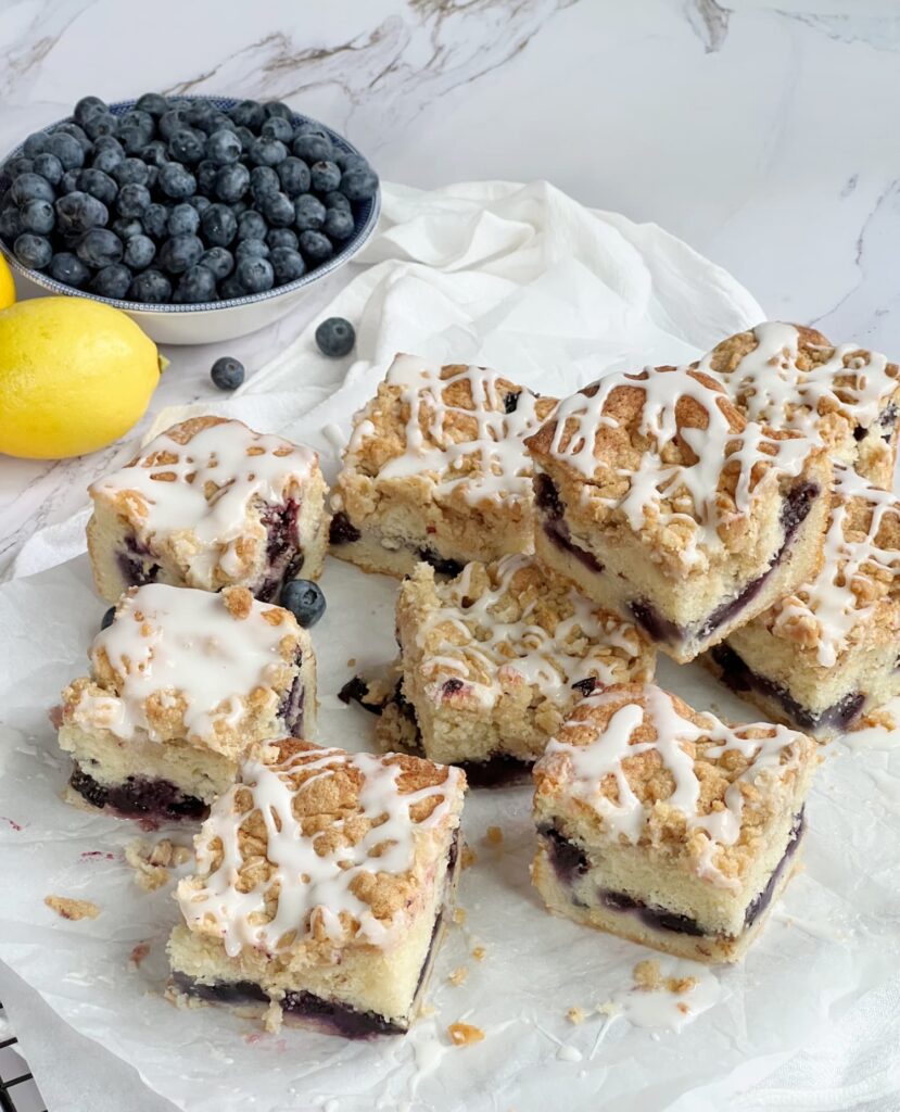 Blueberry coffee cake sliced and stacked
