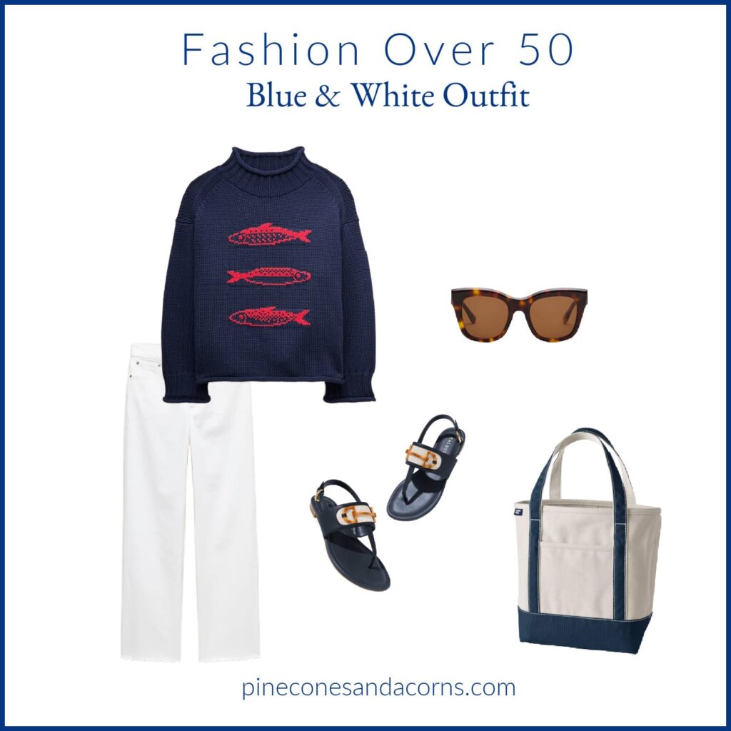 Fashion over 50 Blue and White Outfit with blue sardine sweater