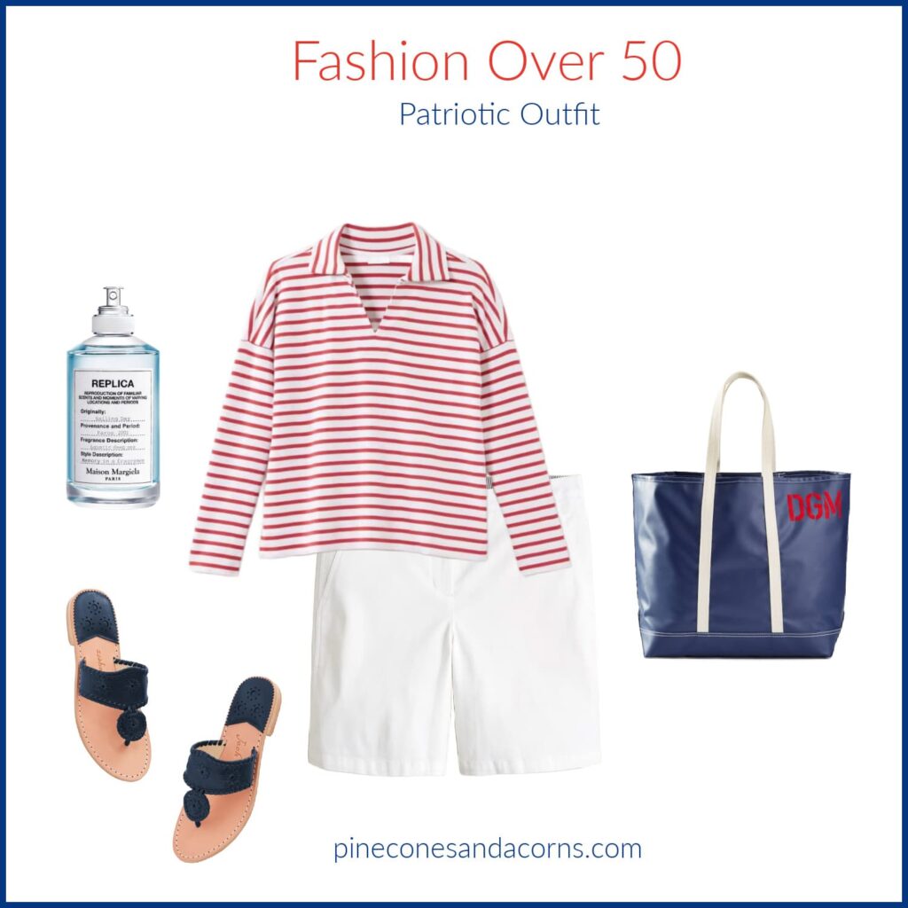 Fashion over 50 Patriotic Outfit Red and White Stripe Shirt.