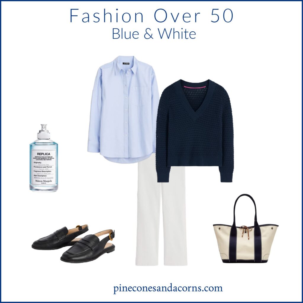Fashion over 50 blue and white outfit with white pants blue sweater and loafer slingback sandals