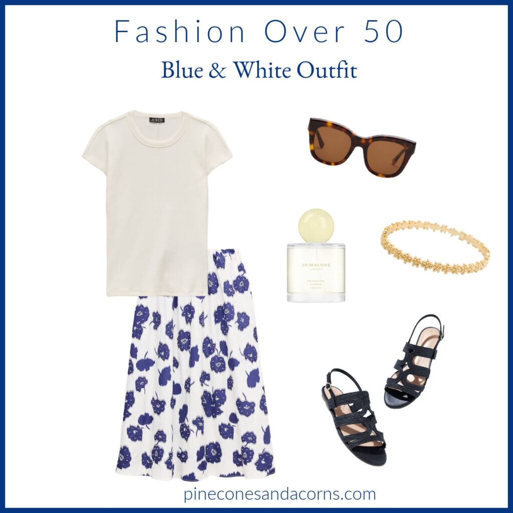 Fashion over 50 blue and white skirt outfit.