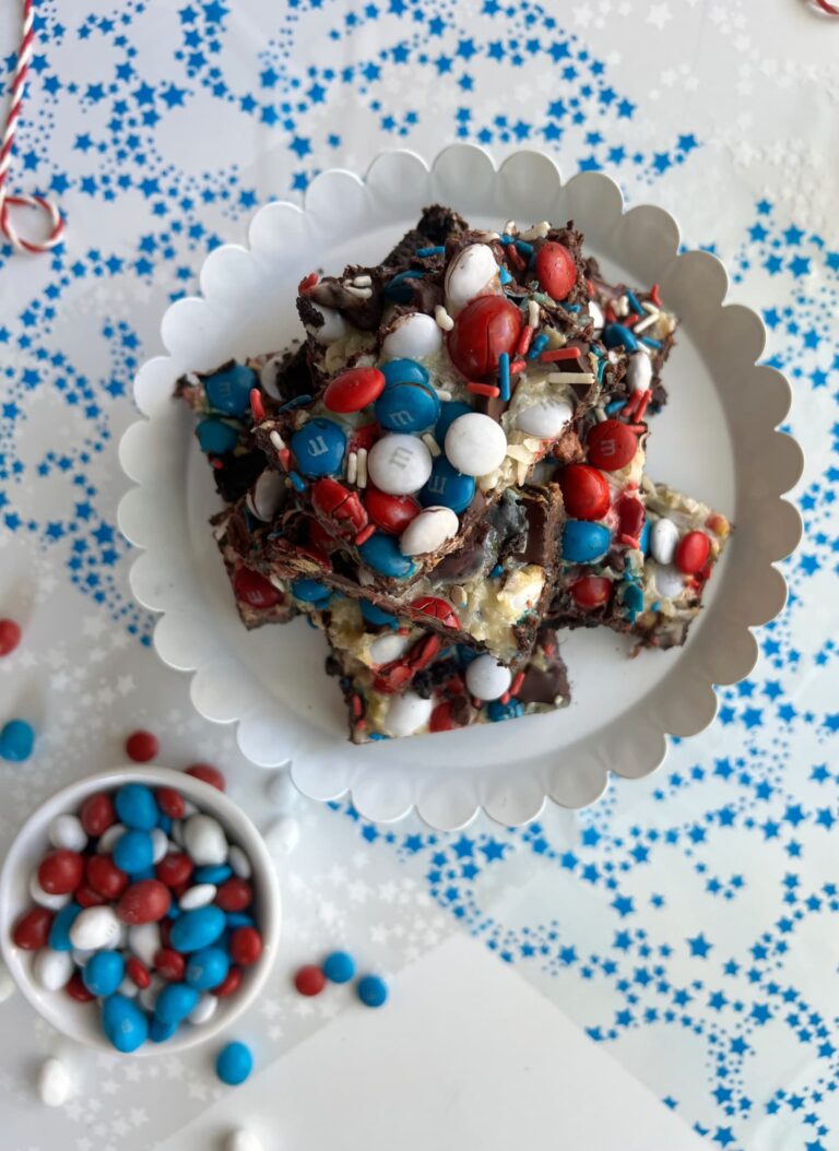 Red White Blue Magic Bars on a white platter
