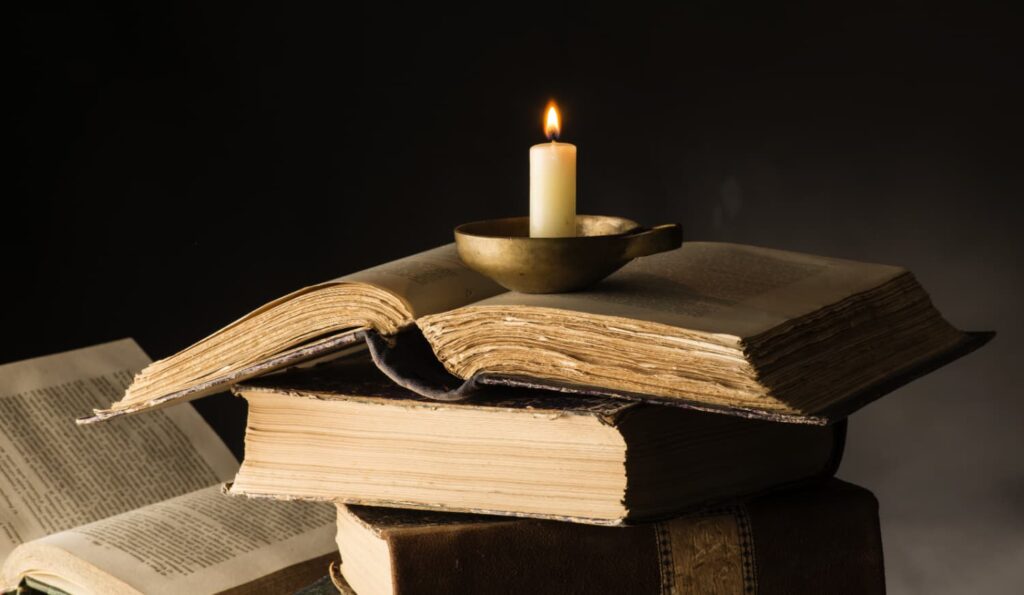 stack of history books on a side table