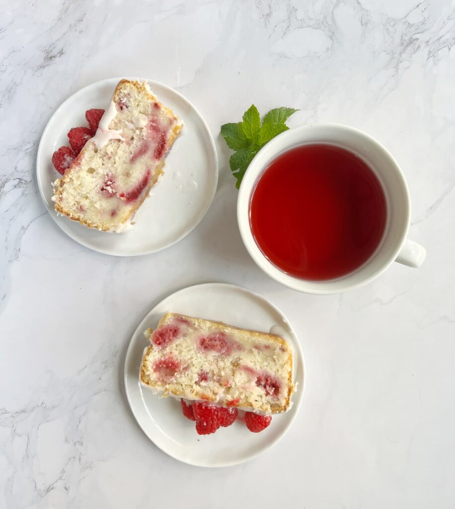 Raspberry lemon loaf cake served with afternoon tea