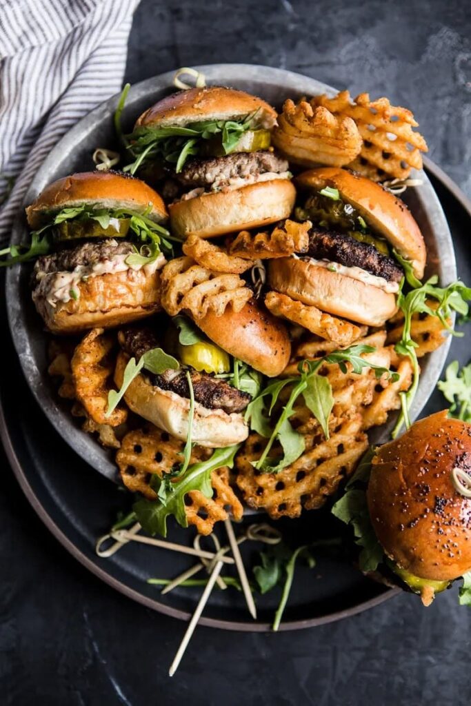 Beef Sliders with Sun-Dried Tomato Mayo and Spicy Pickles