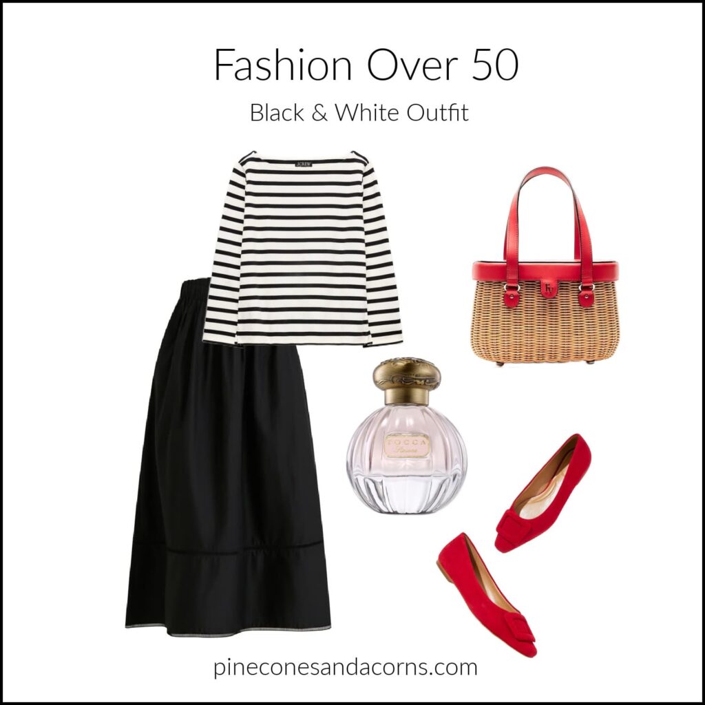 Fashion over 50 Black and White outfit with Strip shirt and red shoes