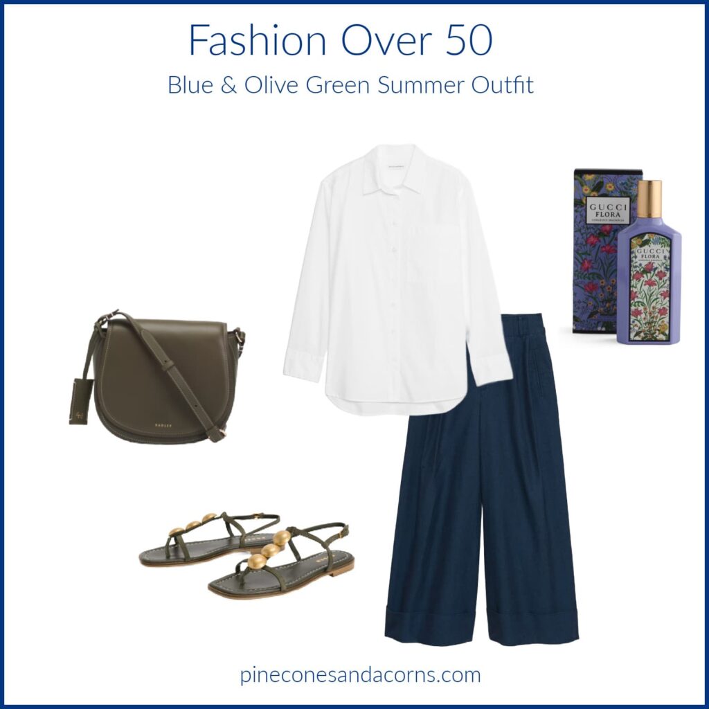Fashion over 50 Blue and Olive Green Summer Outfit