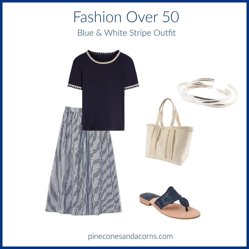 Fashion over 50 Blue and White Stripe Skirt outfit