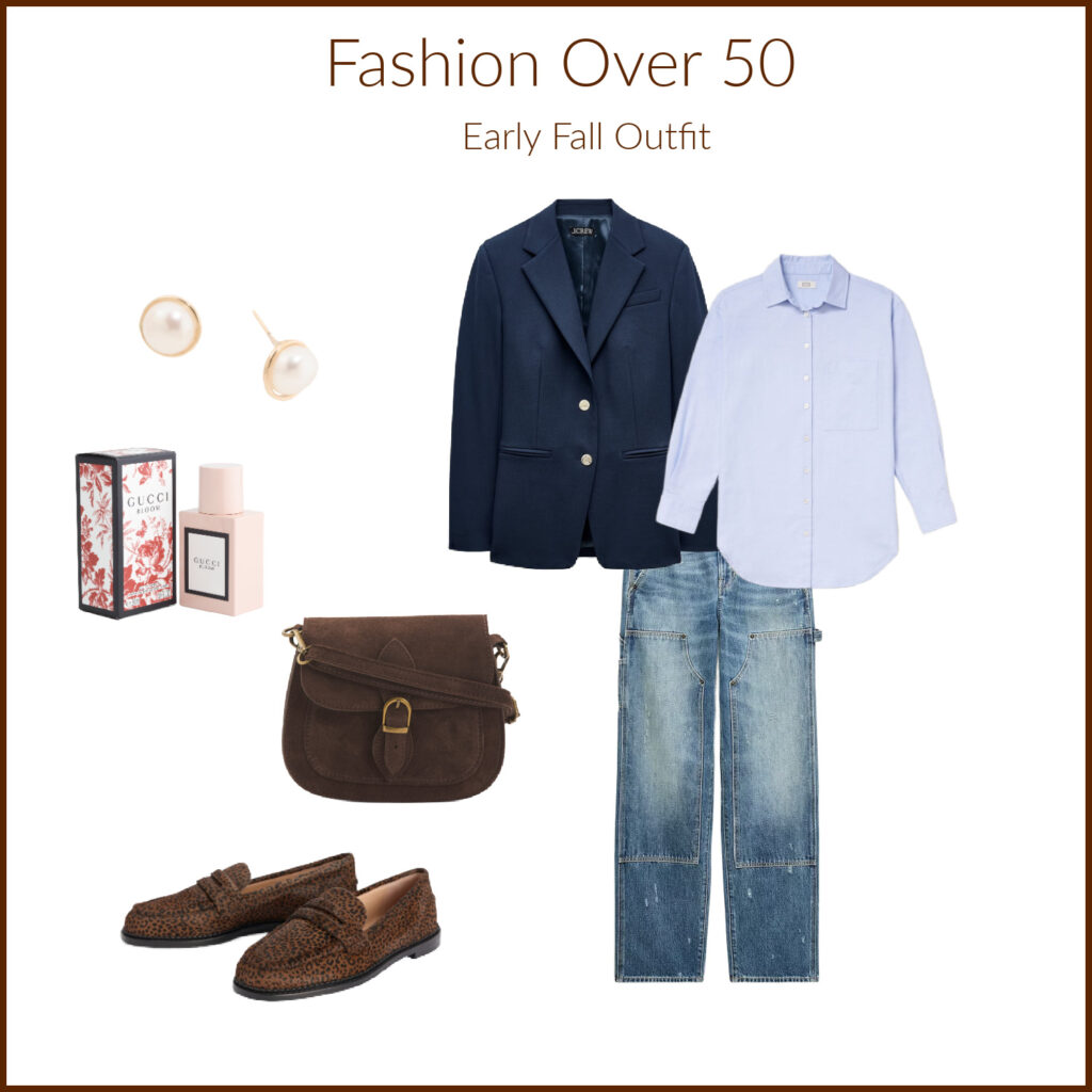 Fashion over 50 Fall outfit blue blazer jeans leopard loafers