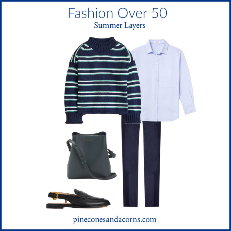 Fashion over 50 Summer Layers Blue and Green J Crew sweater and blue pants