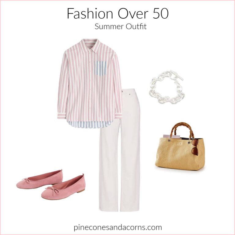 Fashion over 50 Summer outfit pink stripe shirt, white jeans, pink ballet flats and a wicker tote