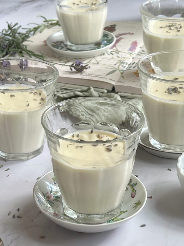 Lavender panna cotta in clear glasses