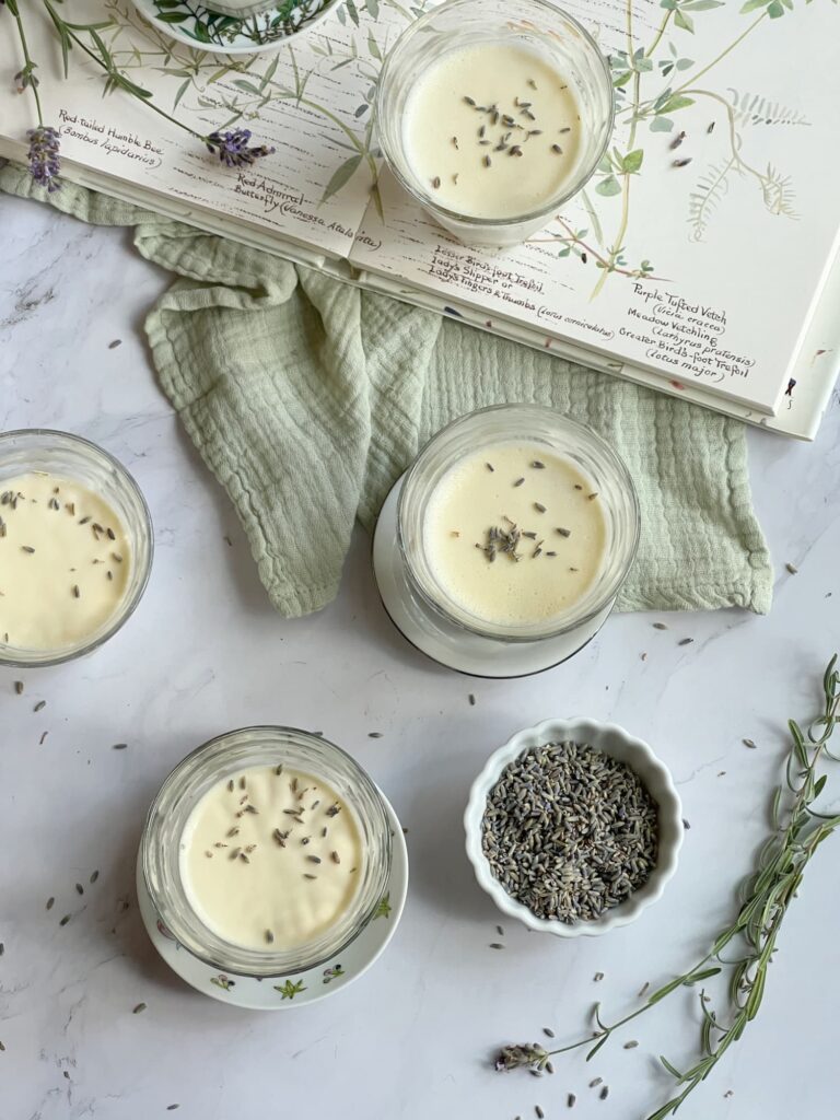 panna cotta in a glasses with sprigs of lavender
