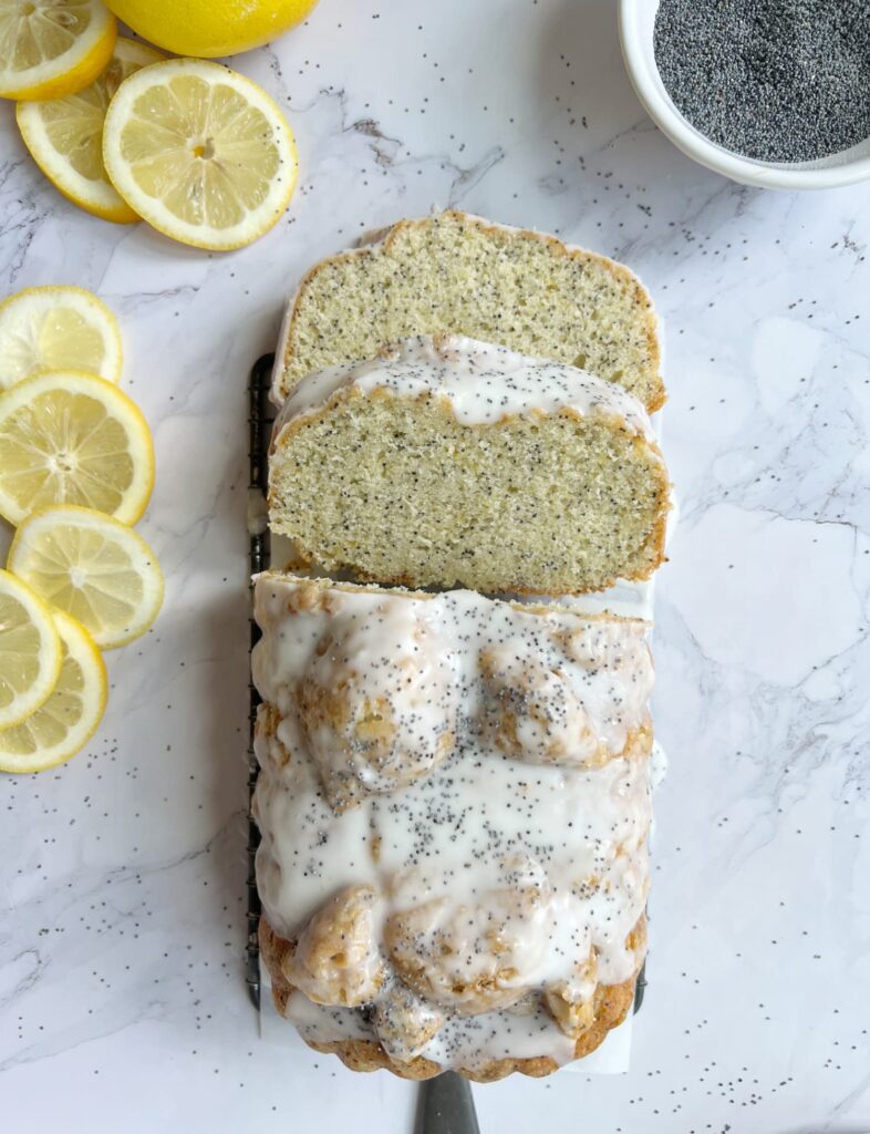 sliced lemons and lemon poppyseed cake