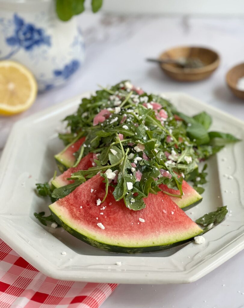 watermelon salad with crumbled feta and fresh mint