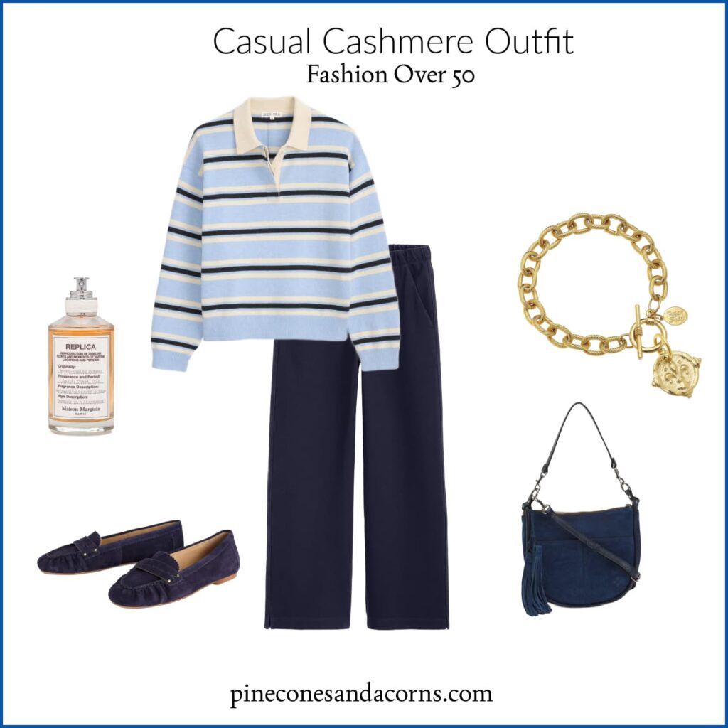Casual blue and white stripe cashmere sweater outfir fashion over 50
