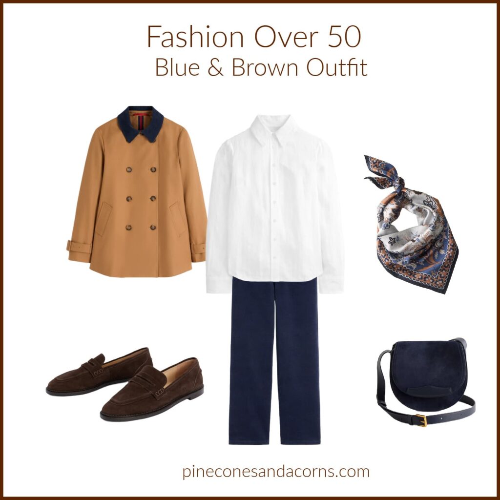 Fashion over 50 blue and Brown outfit with a cropped trench coat