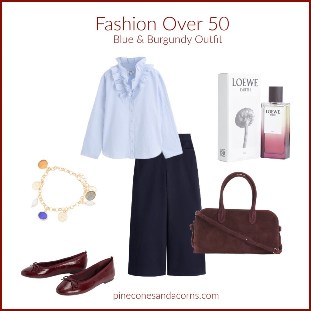 Monday Musings Outfit of the day Fashion over 50 blue and burgundy outfit