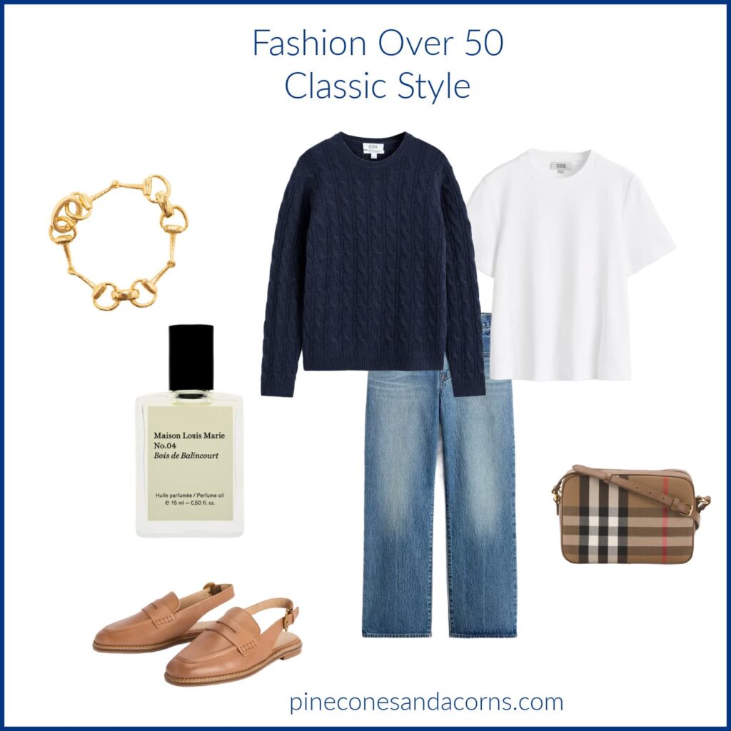 Monday Musings Fashion over 50 classic style jeans t-shirt blue cashmere cardigan Burberry bag